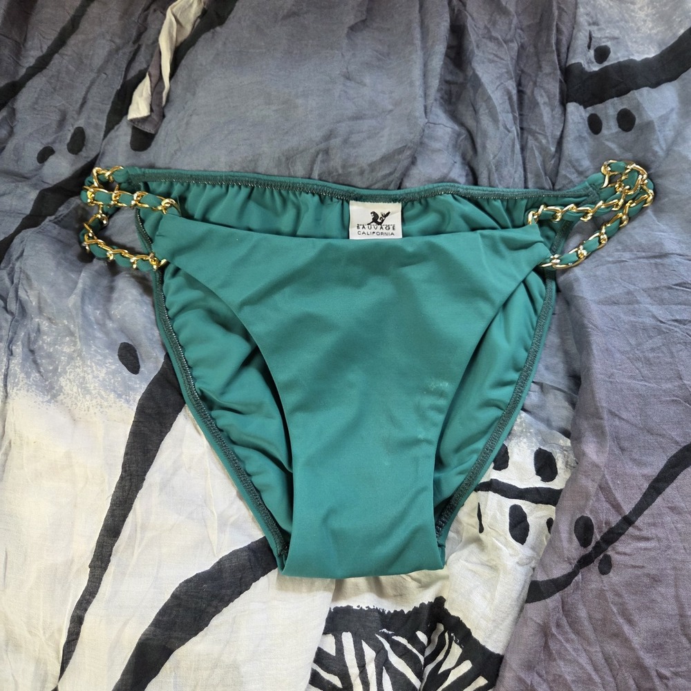 Sauvage Bikini Swim Bottom Womens Small Green Solid Chain Strap Lined Stretch